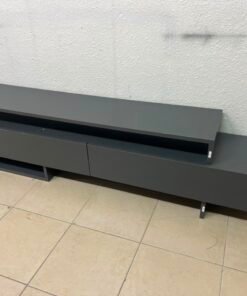 Modern Dark Grey Low-Profile TV Stand / Media Console – Asymmetrical Step Design with Wide Open Shelf & Handleless Drawers - Image 5