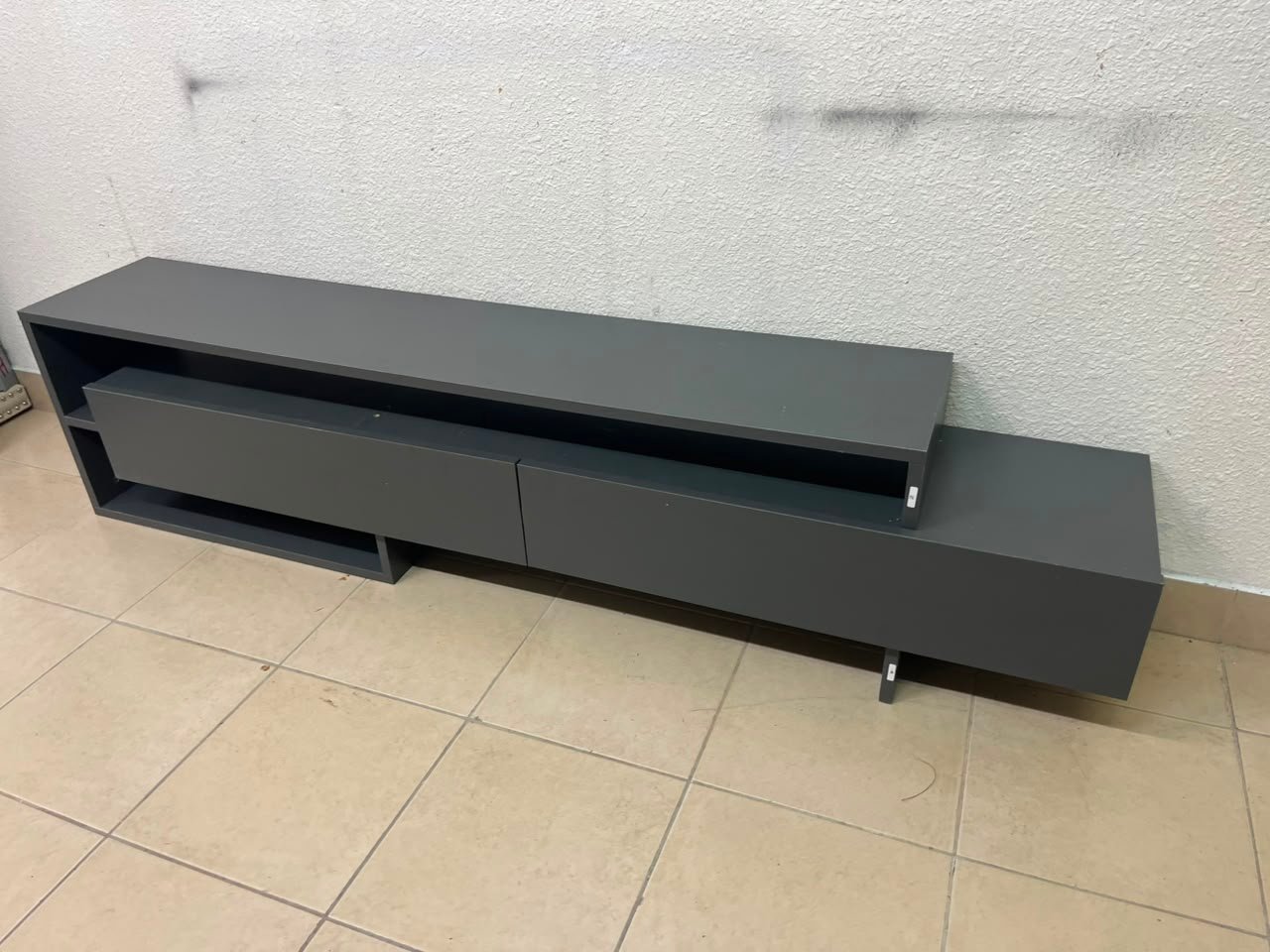 Modern Dark Grey Low-Profile TV Stand / Media Console – Asymmetrical Step Design with Wide Open Shelf & Handleless Drawers - Image 5