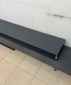 Modern Dark Grey Low-Profile TV Stand / Media Console – Asymmetrical Step Design with Wide Open Shelf & Handleless Drawers - Image 6
