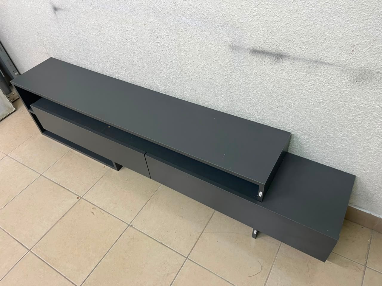 Modern Dark Grey Low-Profile TV Stand / Media Console – Asymmetrical Step Design with Wide Open Shelf & Handleless Drawers - Image 6