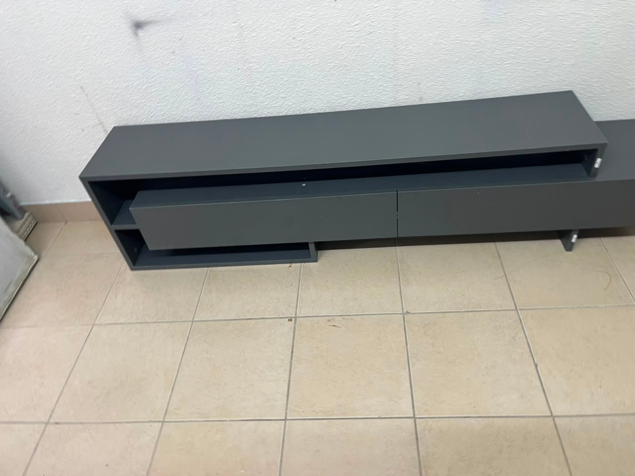 Modern Dark Grey Low-Profile TV Stand / Media Console – Asymmetrical Step Design with Wide Open Shelf & Handleless Drawers - Image 7