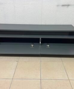 Modern Dark Grey Low-Profile TV Stand / Media Console – Asymmetrical Step Design with Wide Open Shelf & Handleless Drawers - Image 8