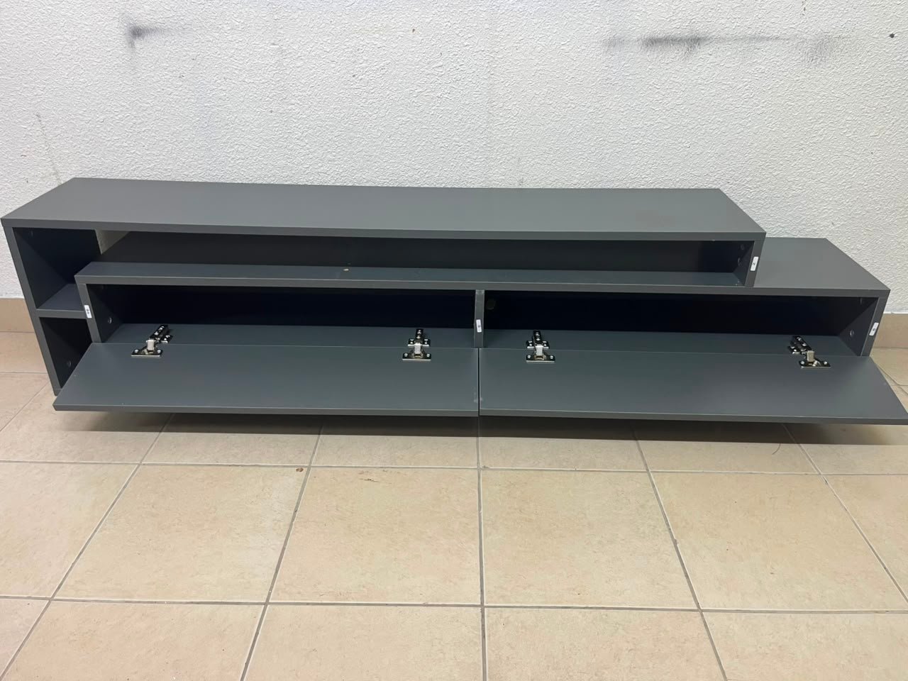 Modern Dark Grey Low-Profile TV Stand / Media Console – Asymmetrical Step Design with Wide Open Shelf & Handleless Drawers - Image 8