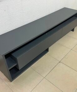 Modern Dark Grey Low-Profile TV Stand / Media Console – Asymmetrical Step Design with Wide Open Shelf & Handleless Drawers - Image 9