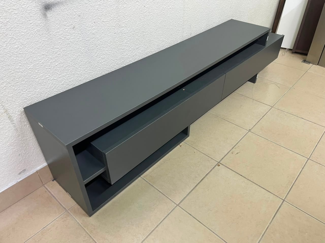 Modern Dark Grey Low-Profile TV Stand / Media Console – Asymmetrical Step Design with Wide Open Shelf & Handleless Drawers - Image 9