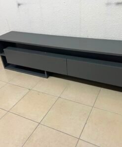 Modern Dark Grey Low-Profile TV Stand / Media Console – Asymmetrical Step Design with Wide Open Shelf & Handleless Drawers - Image 10