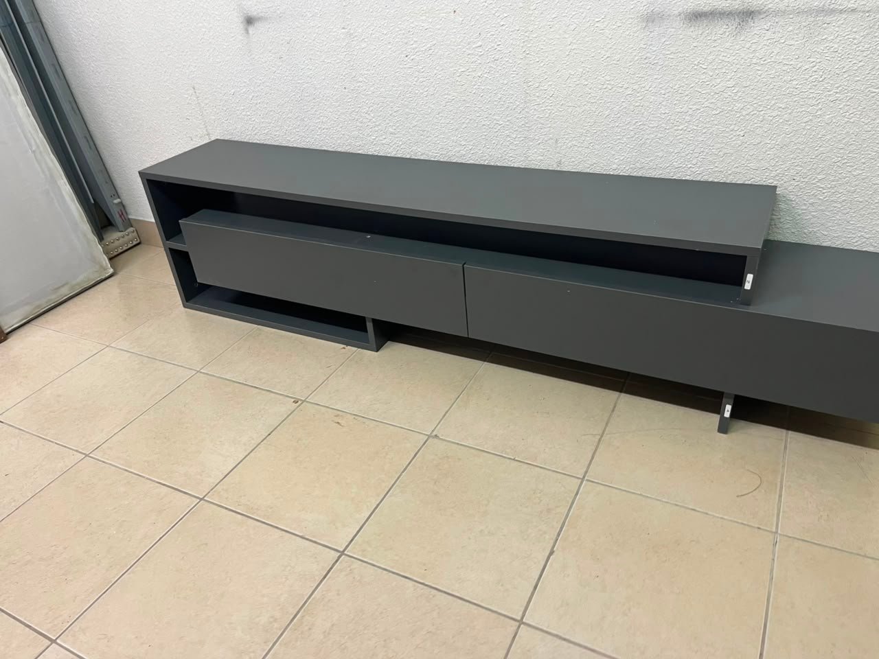 Modern Dark Grey Low-Profile TV Stand / Media Console – Asymmetrical Step Design with Wide Open Shelf & Handleless Drawers - Image 10