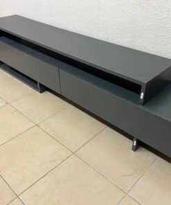 Modern Dark Grey Low-Profile TV Stand / Media Console – Asymmetrical Step Design with Wide Open Shelf & Handleless Drawers - Image 11