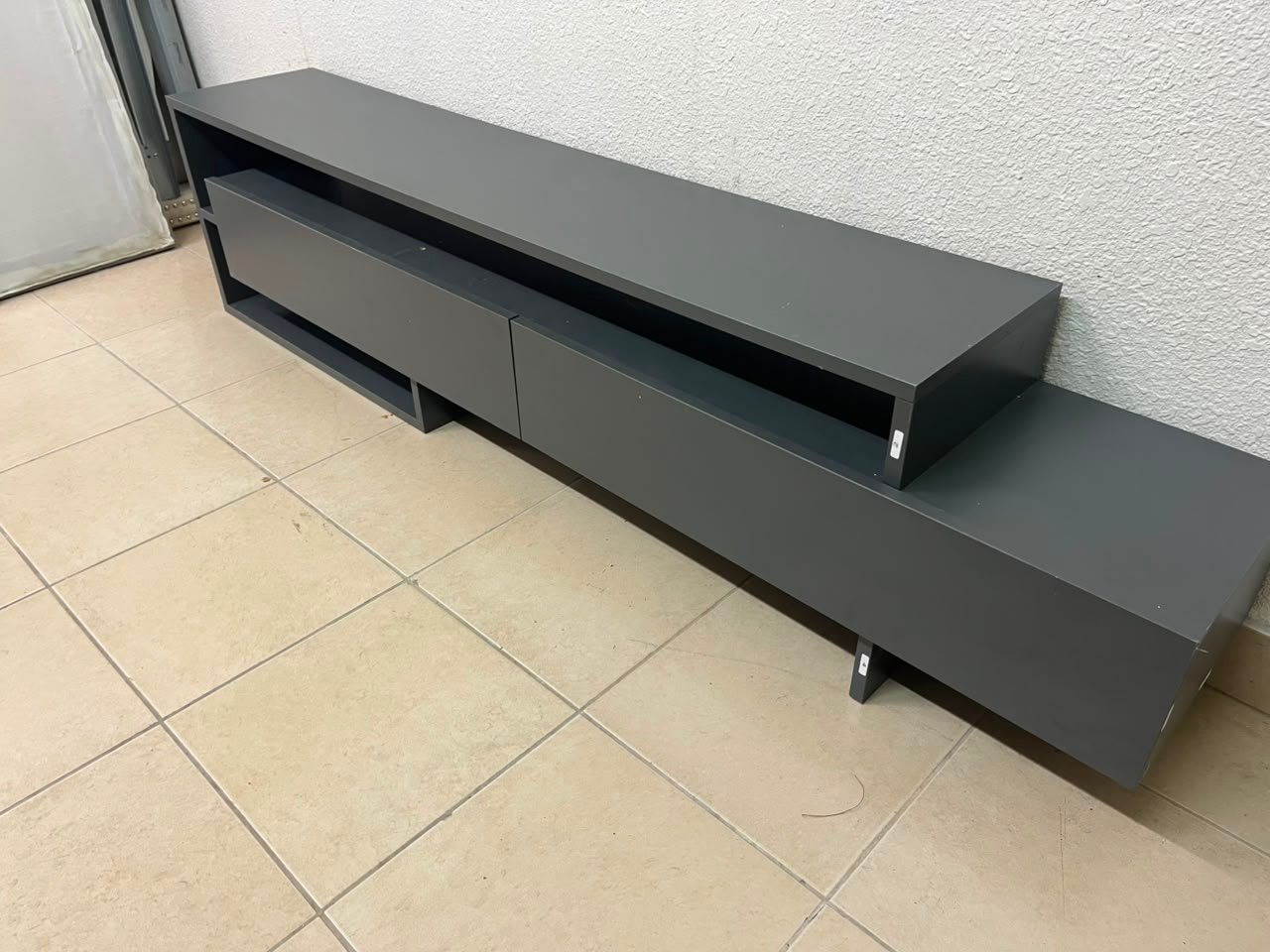 Modern Dark Grey Low-Profile TV Stand / Media Console – Asymmetrical Step Design with Wide Open Shelf & Handleless Drawers - Image 11