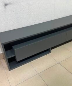 Modern Dark Grey Low-Profile TV Stand / Media Console – Asymmetrical Step Design with Wide Open Shelf & Handleless Drawers - Image 12