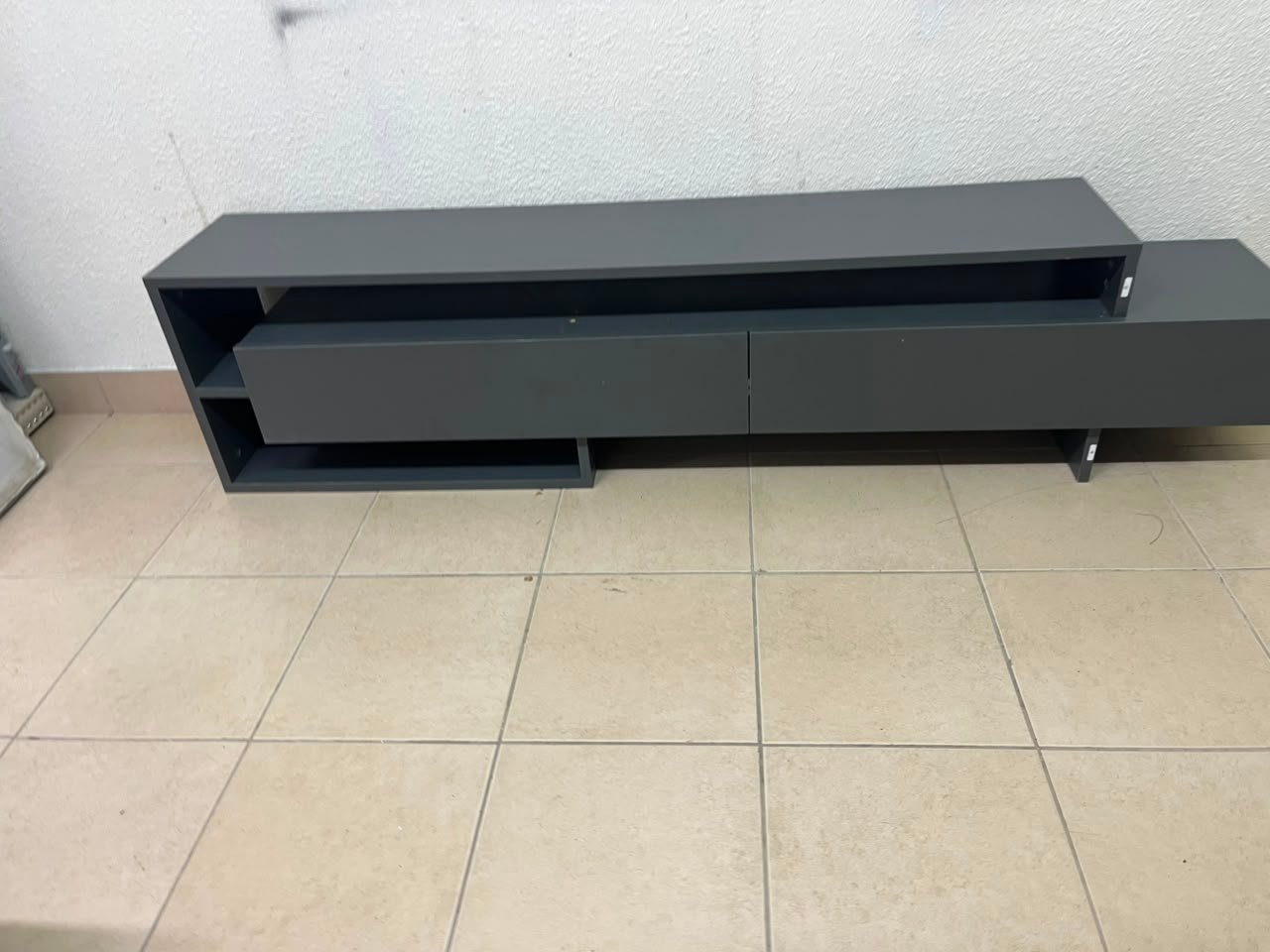 Modern Dark Grey Low-Profile TV Stand / Media Console – Asymmetrical Step Design with Wide Open Shelf & Handleless Drawers - Image 13