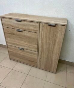 Modern Light Oak Storage Cabinet / Shoe Rack – 3-Tier Tilt-Out Drawers & Side Cabinet with Sleek Silver Handles