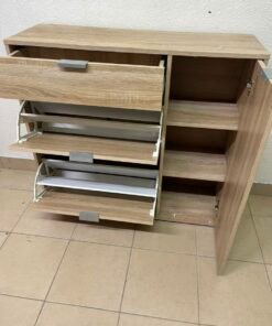 Modern Light Oak Storage Cabinet / Shoe Rack – 3-Tier Tilt-Out Drawers & Side Cabinet with Sleek Silver Handles - Image 9