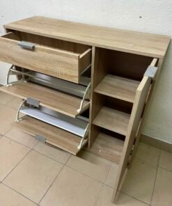 Modern Light Oak Storage Cabinet / Shoe Rack – 3-Tier Tilt-Out Drawers & Side Cabinet with Sleek Silver Handles - Image 10