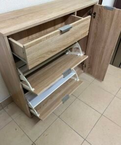 Modern Light Oak Storage Cabinet / Shoe Rack – 3-Tier Tilt-Out Drawers & Side Cabinet with Sleek Silver Handles - Image 11