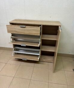 Modern Light Oak Storage Cabinet / Shoe Rack – 3-Tier Tilt-Out Drawers & Side Cabinet with Sleek Silver Handles - Image 12
