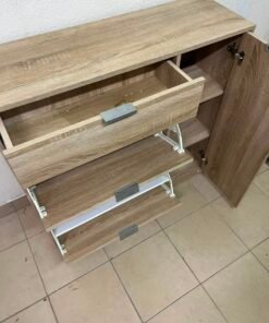 Modern Light Oak Storage Cabinet / Shoe Rack – 3-Tier Tilt-Out Drawers & Side Cabinet with Sleek Silver Handles - Image 13
