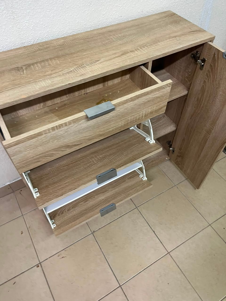 Modern Light Oak Storage Cabinet / Shoe Rack – 3-Tier Tilt-Out Drawers & Side Cabinet with Sleek Silver Handles - Image 13