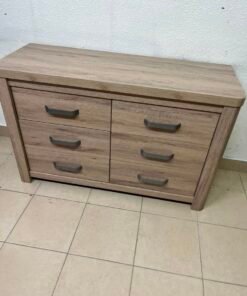 Contemporary Light Oak 6-Drawer Dresser / Sideboard – Wide Wooden Chest with Thick Framing & Dark Grey Curved Handles
