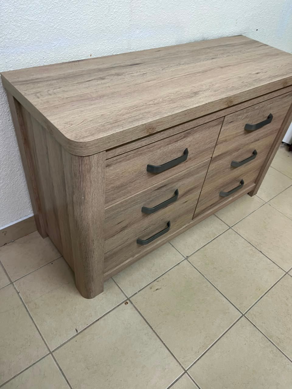 Contemporary Light Oak 6-Drawer Dresser / Sideboard – Wide Wooden Chest with Thick Framing & Dark Grey Curved Handles - Image 7