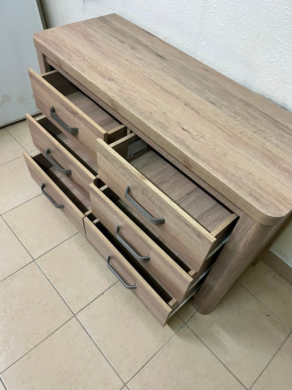 Contemporary Light Oak 6-Drawer Dresser / Sideboard – Wide Wooden Chest with Thick Framing & Dark Grey Curved Handles - Image 8