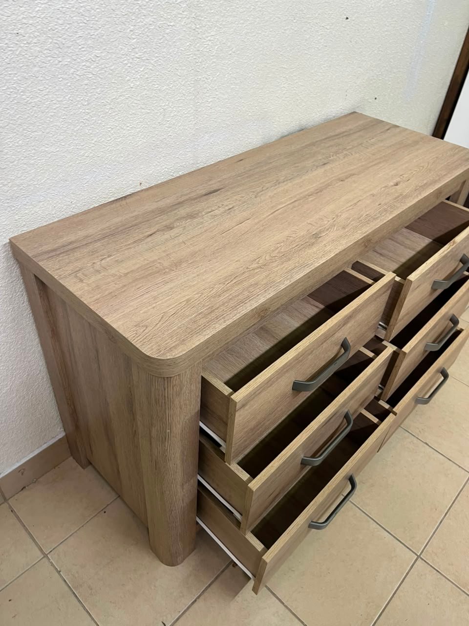 Contemporary Light Oak 6-Drawer Dresser / Sideboard – Wide Wooden Chest with Thick Framing & Dark Grey Curved Handles - Image 10