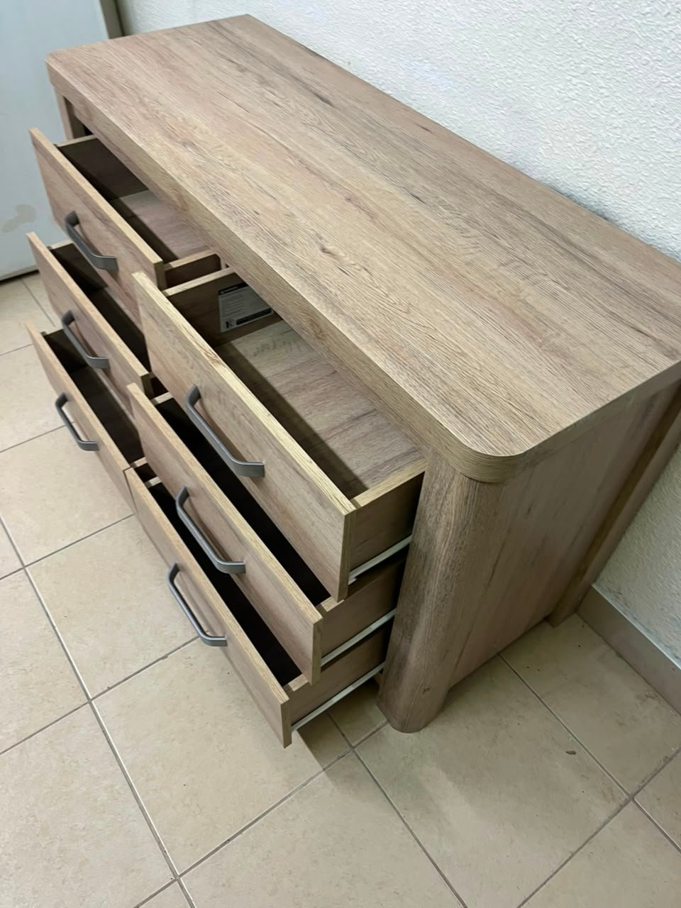 Contemporary Light Oak 6-Drawer Dresser / Sideboard – Wide Wooden Chest with Thick Framing & Dark Grey Curved Handles - Image 11