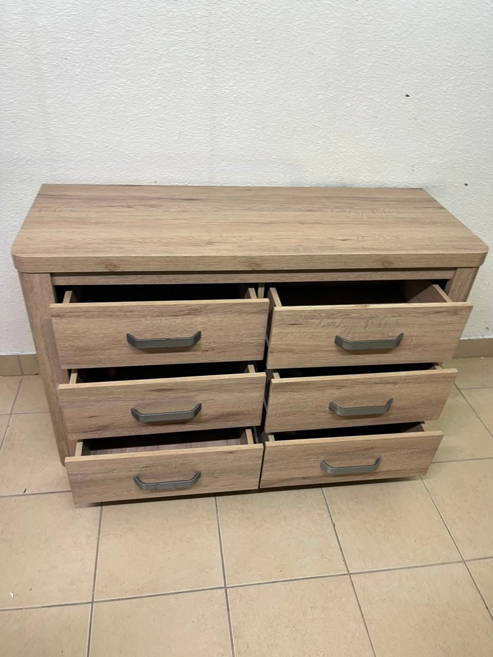Contemporary Light Oak 6-Drawer Dresser / Sideboard – Wide Wooden Chest with Thick Framing & Dark Grey Curved Handles - Image 13