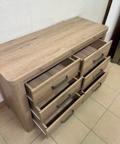 Contemporary Light Oak 6-Drawer Dresser / Sideboard – Wide Wooden Chest with Thick Framing & Dark Grey Curved Handles - Image 14