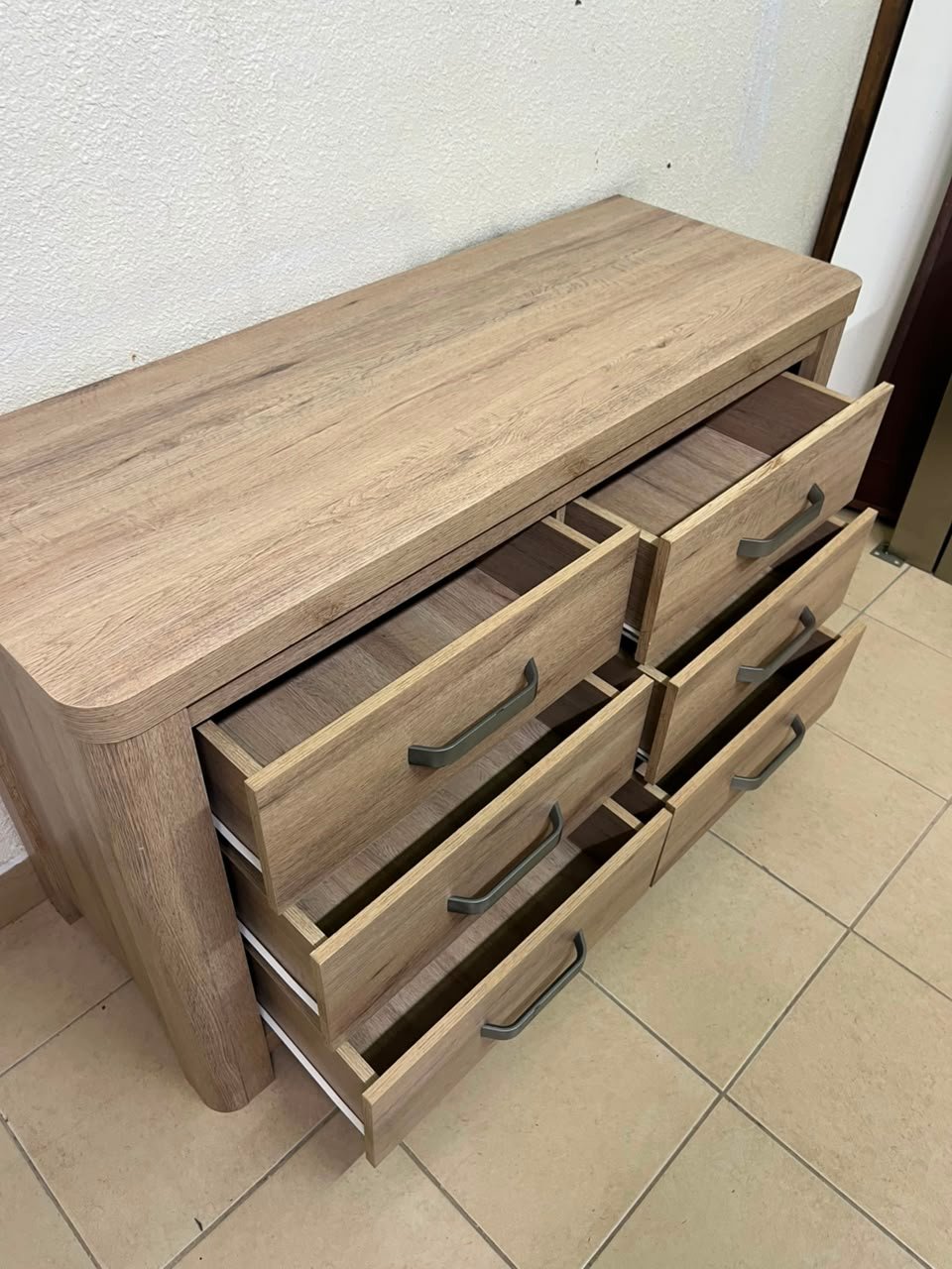 Contemporary Light Oak 6-Drawer Dresser / Sideboard – Wide Wooden Chest with Thick Framing & Dark Grey Curved Handles - Image 14