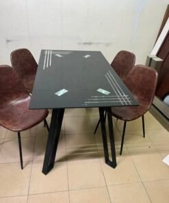 Modern 5-Piece Dining Set – Black Rectangular Table with Geometric Metal Legs & 4 Brown Faux Leather Chairs with Slim Black Legs - Image 2