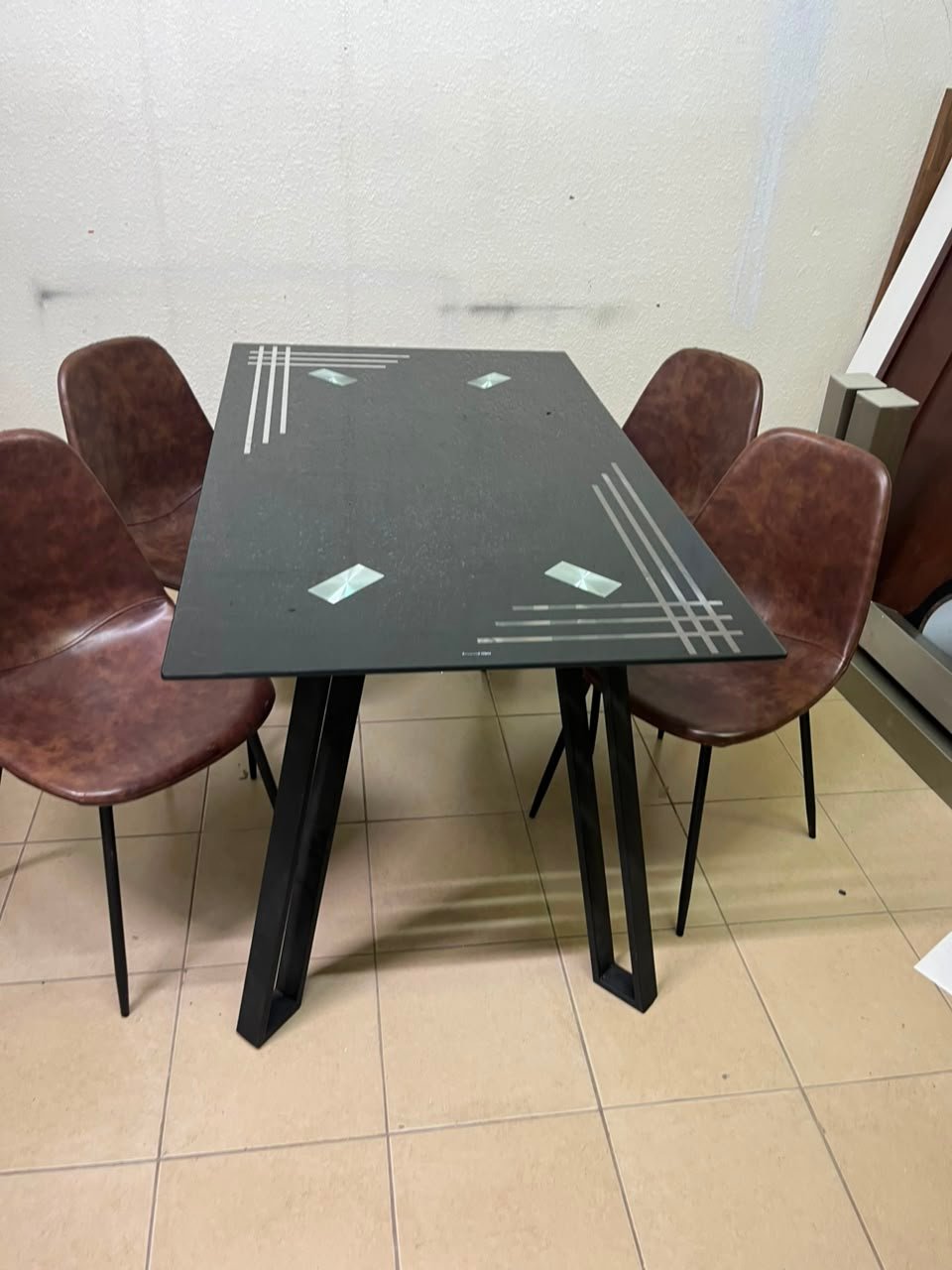 Modern 5-Piece Dining Set – Black Rectangular Table with Geometric Metal Legs & 4 Brown Faux Leather Chairs with Slim Black Legs - Image 2