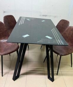 Modern 5-Piece Dining Set – Black Rectangular Table with Geometric Metal Legs & 4 Brown Faux Leather Chairs with Slim Black Legs