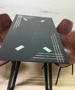 Modern 5-Piece Dining Set – Black Rectangular Table with Geometric Metal Legs & 4 Brown Faux Leather Chairs with Slim Black Legs - Image 4