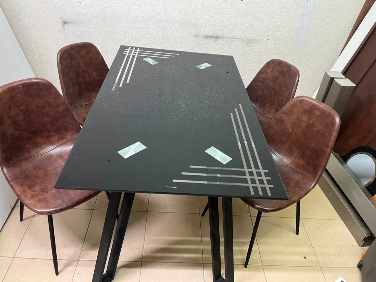 Modern 5-Piece Dining Set – Black Rectangular Table with Geometric Metal Legs & 4 Brown Faux Leather Chairs with Slim Black Legs - Image 4