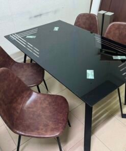Modern 5-Piece Dining Set – Black Rectangular Table with Geometric Metal Legs & 4 Brown Faux Leather Chairs with Slim Black Legs - Image 5