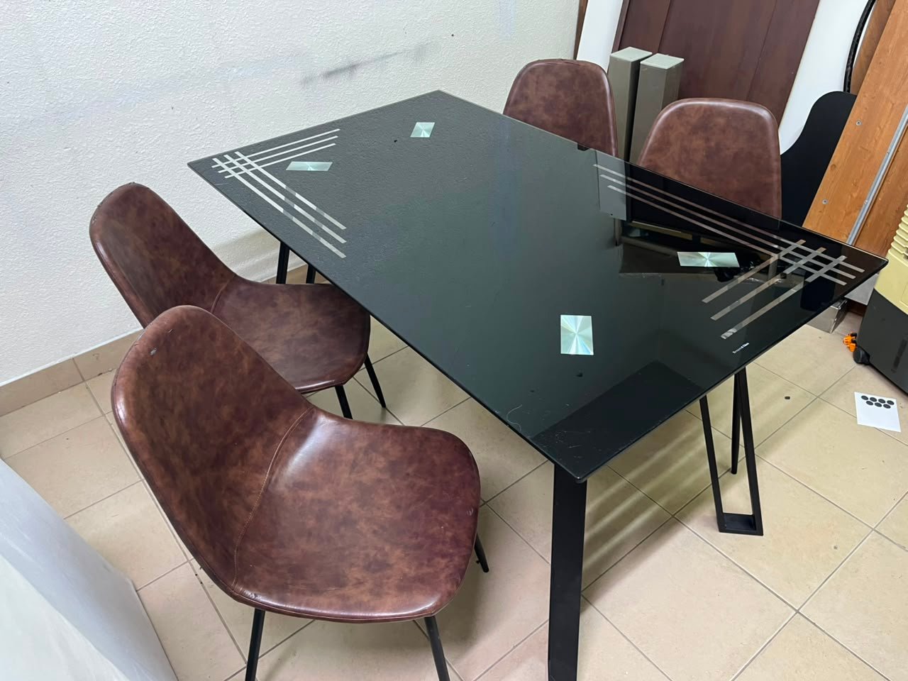 Modern 5-Piece Dining Set – Black Rectangular Table with Geometric Metal Legs & 4 Brown Faux Leather Chairs with Slim Black Legs - Image 5