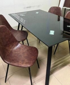Modern 5-Piece Dining Set – Black Rectangular Table with Geometric Metal Legs & 4 Brown Faux Leather Chairs with Slim Black Legs - Image 6