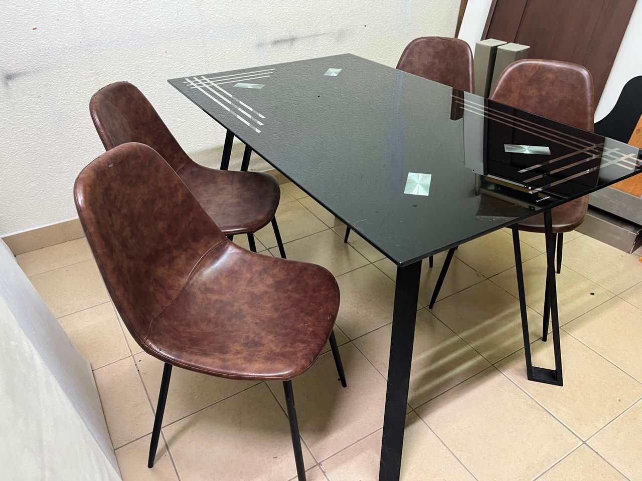 Modern 5-Piece Dining Set – Black Rectangular Table with Geometric Metal Legs & 4 Brown Faux Leather Chairs with Slim Black Legs - Image 6
