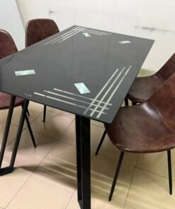 Modern 5-Piece Dining Set – Black Rectangular Table with Geometric Metal Legs & 4 Brown Faux Leather Chairs with Slim Black Legs - Image 7
