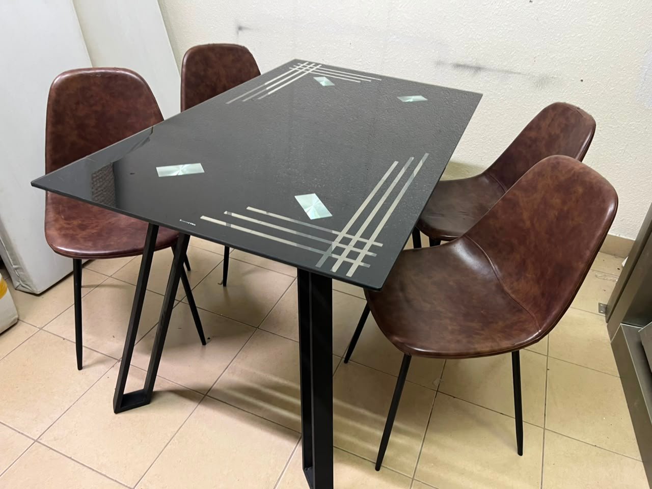 Modern 5-Piece Dining Set – Black Rectangular Table with Geometric Metal Legs & 4 Brown Faux Leather Chairs with Slim Black Legs - Image 7