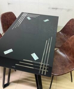 Modern 5-Piece Dining Set – Black Rectangular Table with Geometric Metal Legs & 4 Brown Faux Leather Chairs with Slim Black Legs - Image 8