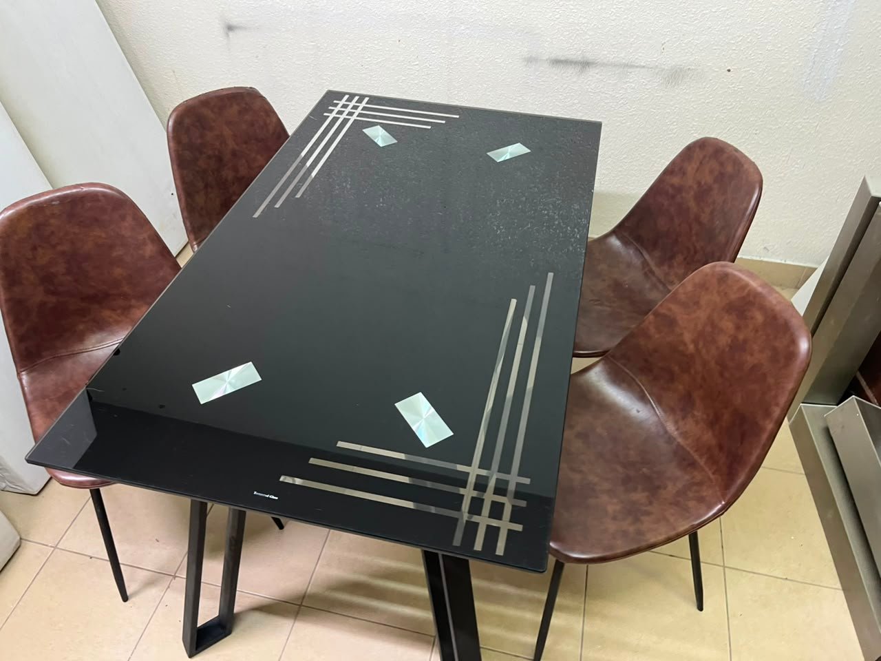 Modern 5-Piece Dining Set – Black Rectangular Table with Geometric Metal Legs & 4 Brown Faux Leather Chairs with Slim Black Legs - Image 8