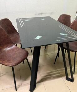 Modern 5-Piece Dining Set – Black Rectangular Table with Geometric Metal Legs & 4 Brown Faux Leather Chairs with Slim Black Legs - Image 9