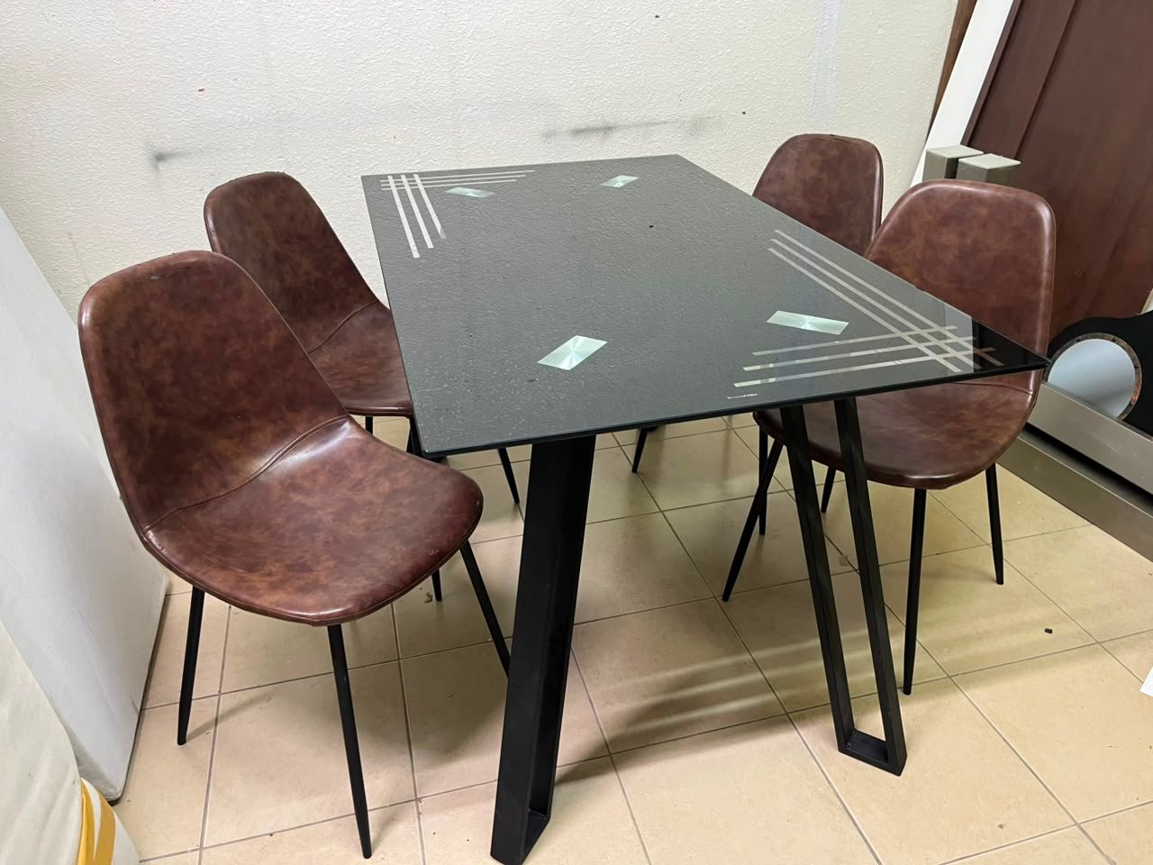 Modern 5-Piece Dining Set – Black Rectangular Table with Geometric Metal Legs & 4 Brown Faux Leather Chairs with Slim Black Legs - Image 9
