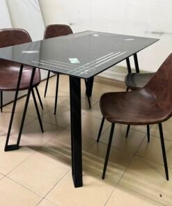Modern 5-Piece Dining Set – Black Rectangular Table with Geometric Metal Legs & 4 Brown Faux Leather Chairs with Slim Black Legs - Image 10