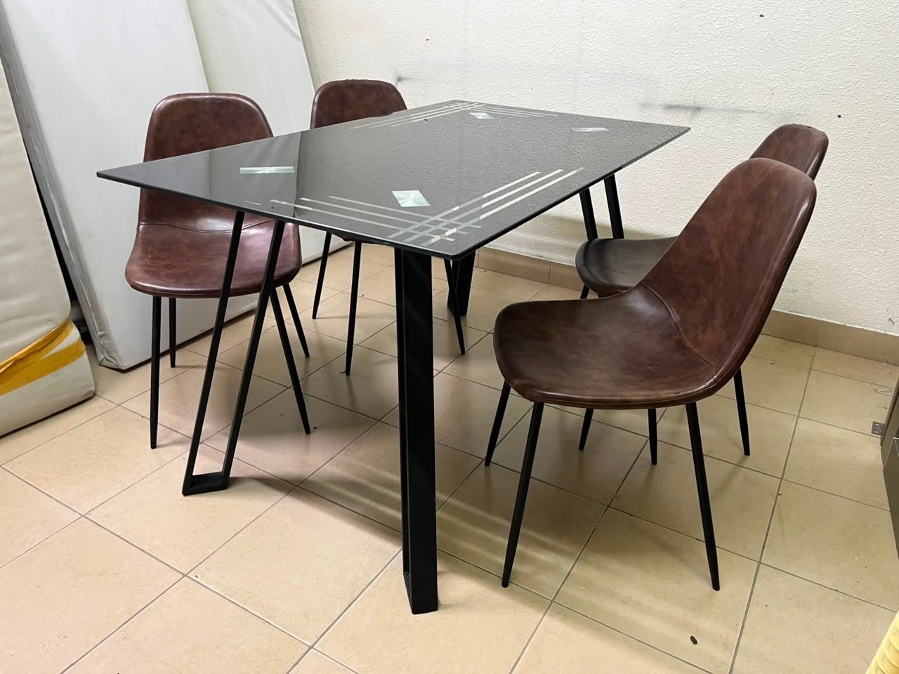 Modern 5-Piece Dining Set – Black Rectangular Table with Geometric Metal Legs & 4 Brown Faux Leather Chairs with Slim Black Legs - Image 10