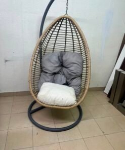Beige Rattan Hanging Egg Chair with Stand – Indoor/Outdoor Teardrop Swing Chair with Black Metal Frame & Cushion Set