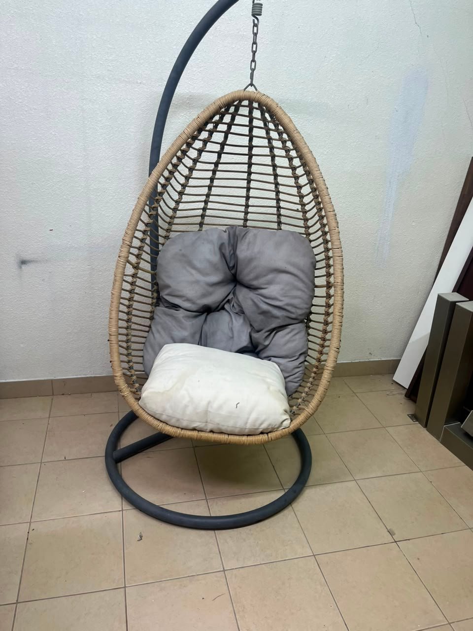 Beige Rattan Hanging Egg Chair with Stand – Indoor/Outdoor Teardrop Swing Chair with Black Metal Frame & Cushion Set