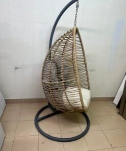 Beige Rattan Hanging Egg Chair with Stand – Indoor/Outdoor Teardrop Swing Chair with Black Metal Frame & Cushion Set - Image 3